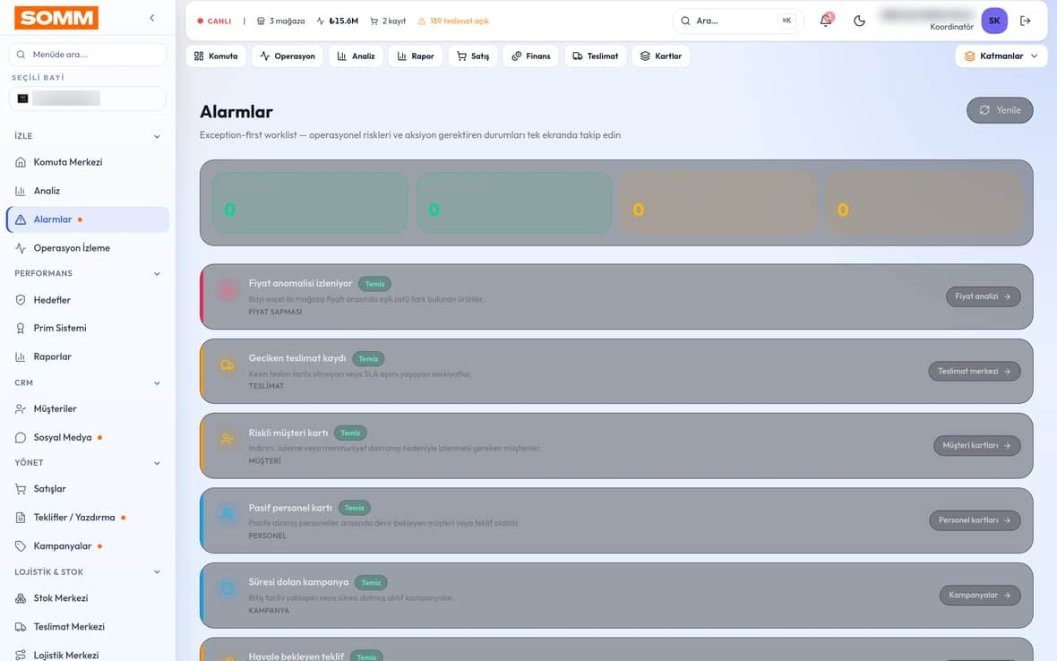 SOMM bayi operasyon alarmları ekranı