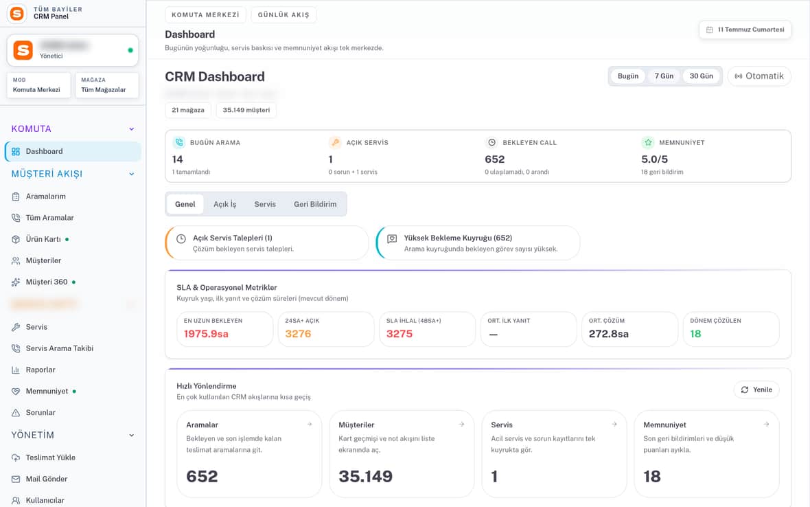 SOMM CRM komuta merkezi ekranı