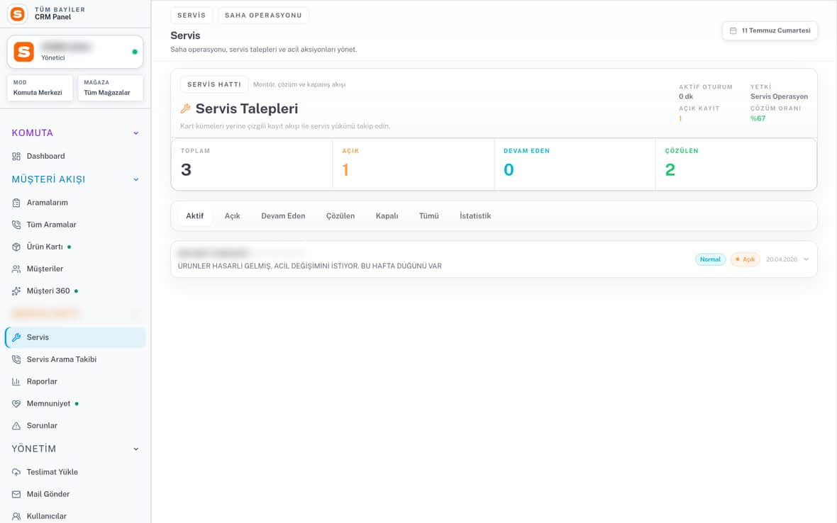 SOMM CRM servis ekranında talep ve durum takibi