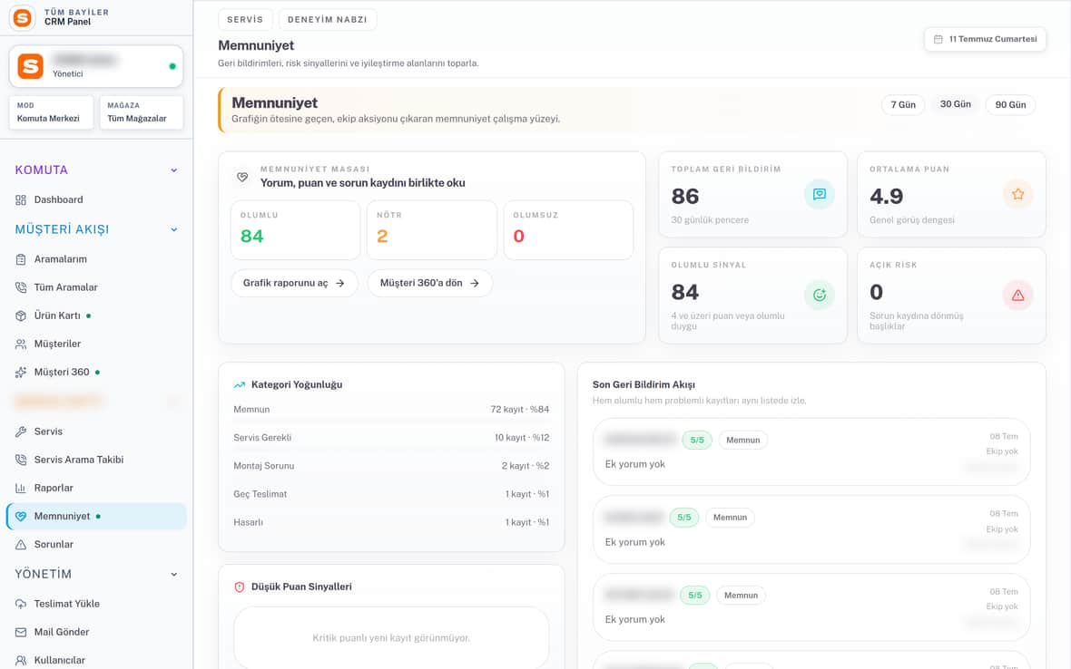 SOMM CRM memnuniyet ekranı