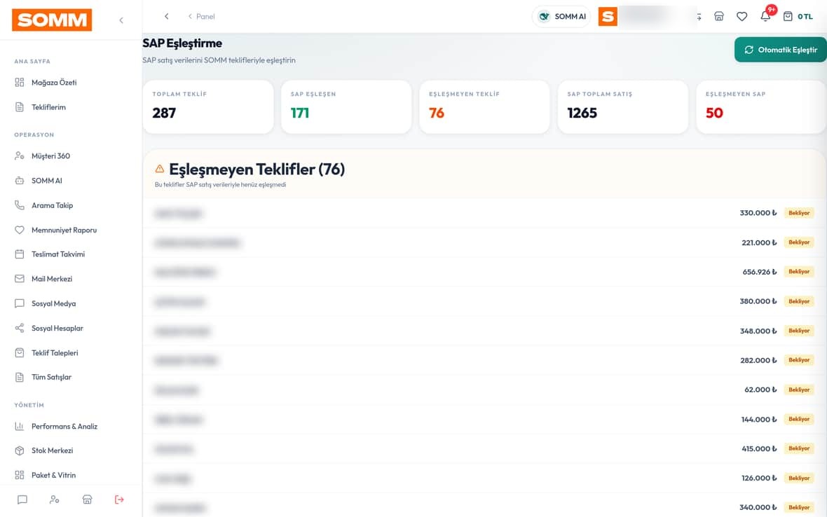 SOMM SAP senkronizasyon ekranında veri akışı durumu
