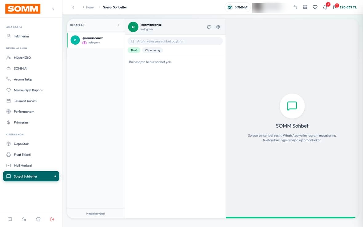 WhatsApp & Mail — kişisel bilgileri maskelenmiş gerçek SOMM ürün ekranı