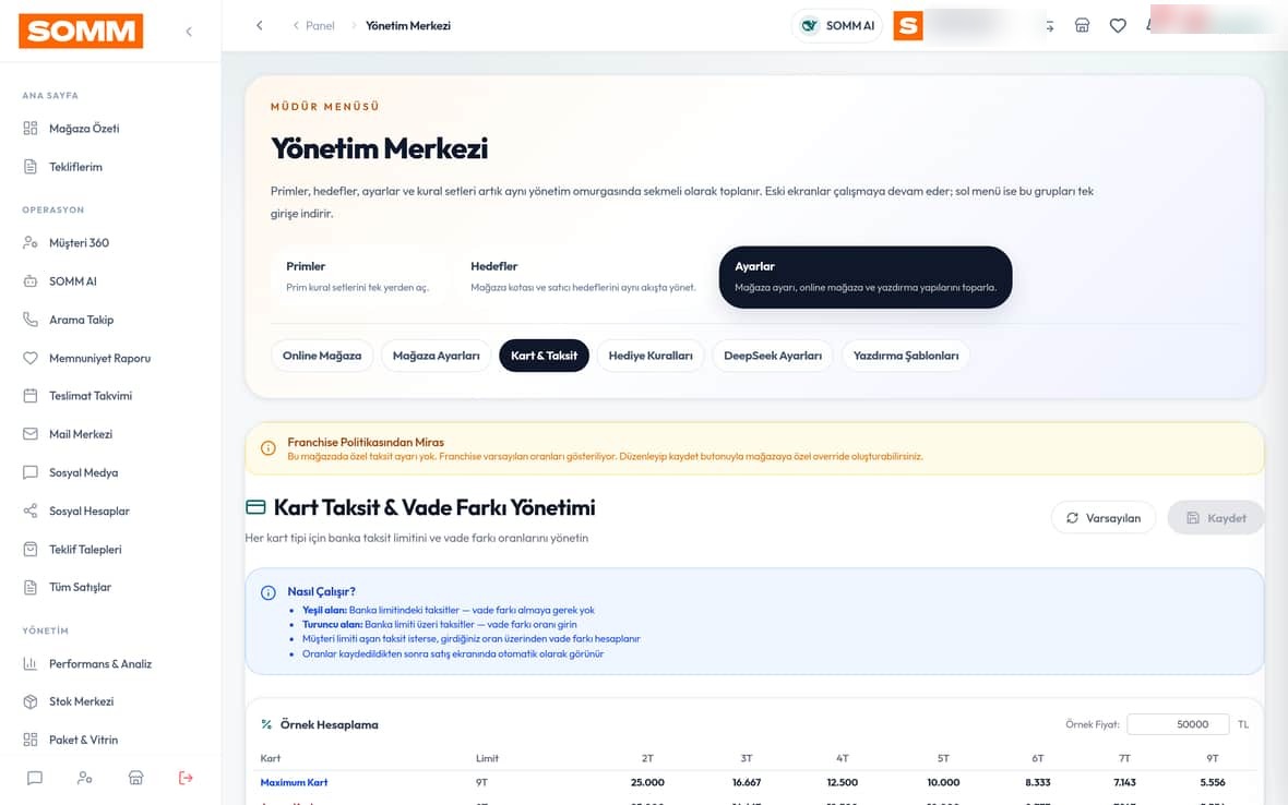 Kart Taksit & Vade Farkı (Komisyon) SOMM ürün ekranı
